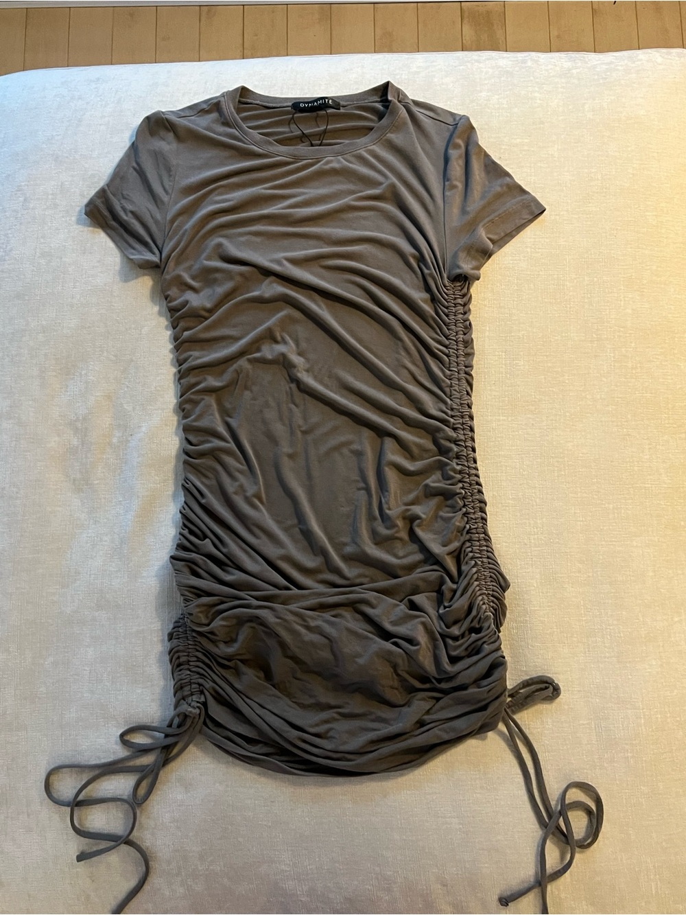 Dynamite Charcoal Ruched Side Tie Short Sleeve Tunic
